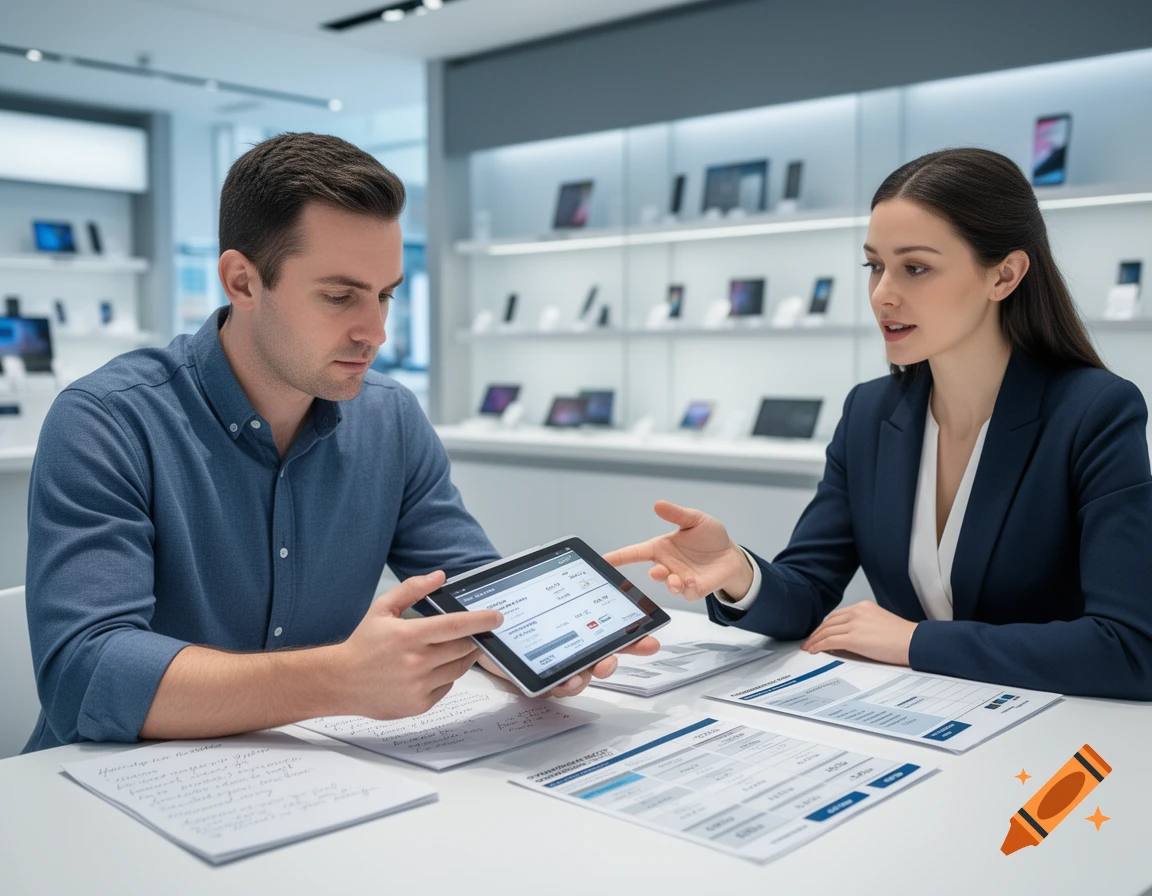 A male customer and a female sales advisor looking at a tablet in a modern electronics store.