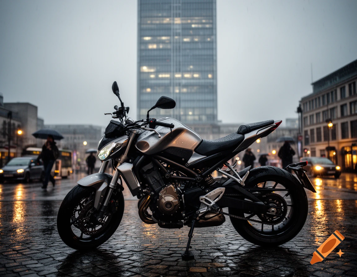 Photorealistic image of a silver motorcycle parked on a wet cobblestone street in front of a tall tower in Berlin on a rainy day.