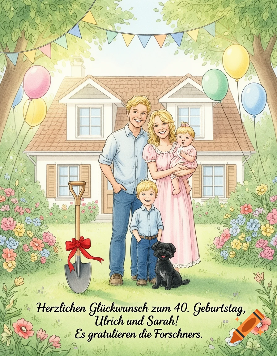 Illustrated greeting card showing a family of four with a dog in front of their house, with German birthday text.