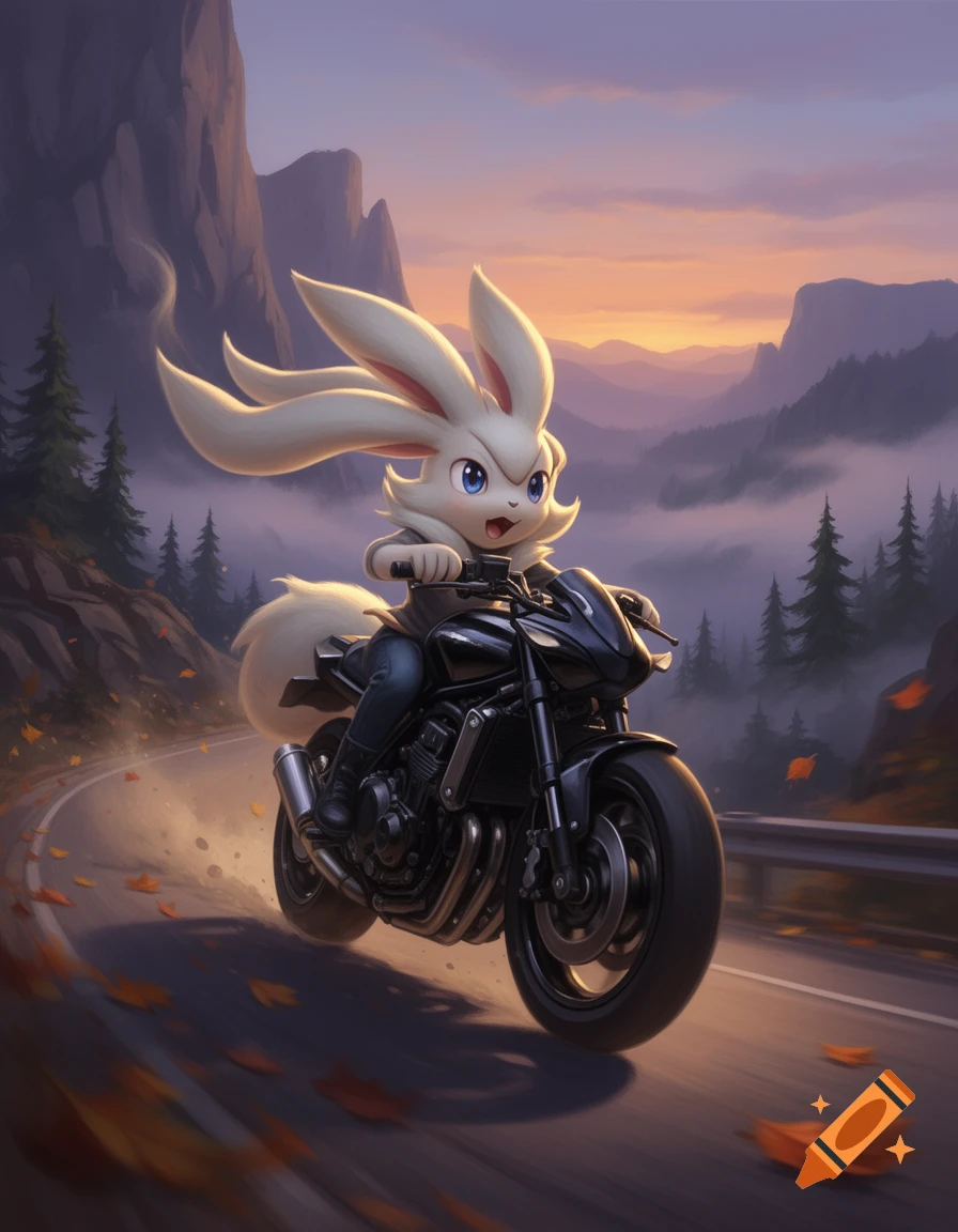 An anthropomorphic rabbit character riding a black motorcycle along a winding mountain road at sunset, digital illustration.