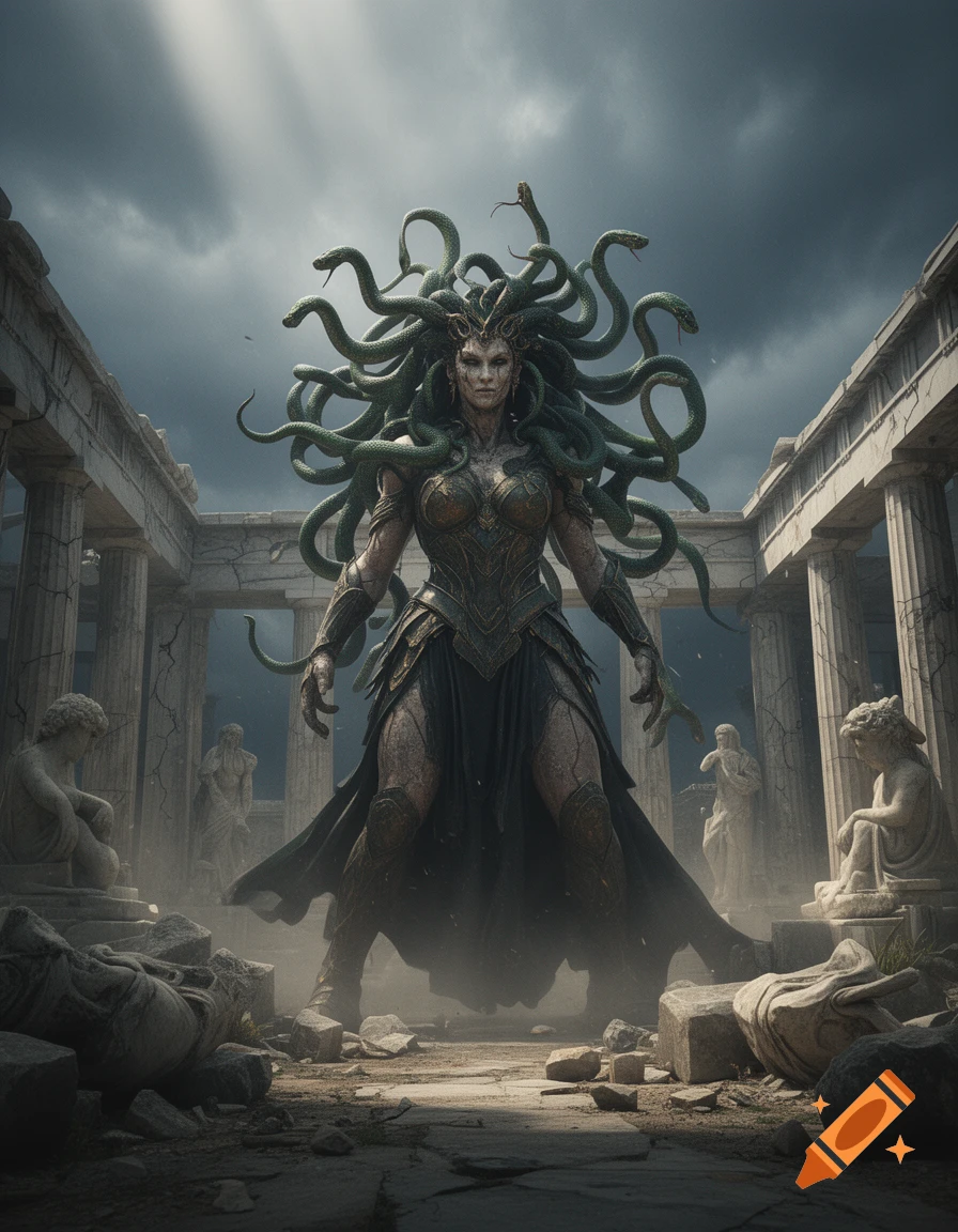 Photorealistic depiction of Medusa with green snakes for hair standing in the ruins of a classical Greek temple under a stormy sky.