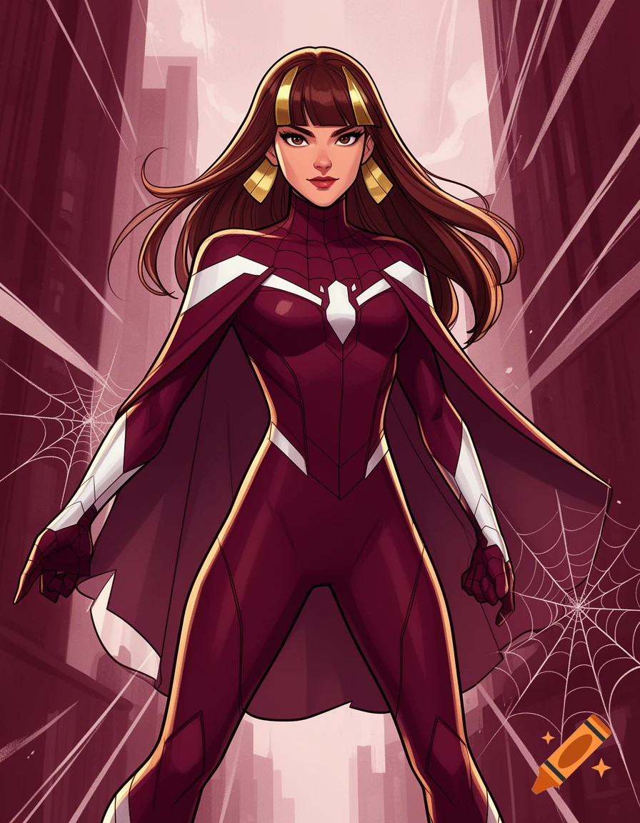 Illustration of a female spider-verse superhero in a dark amaranth and white suit with a built-in poncho and brown hair.