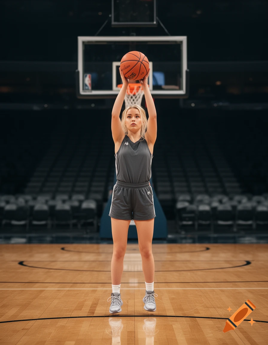 Photorealistic full-body shot of a young woman holding a basketball overhead on an indoor basketball court.
