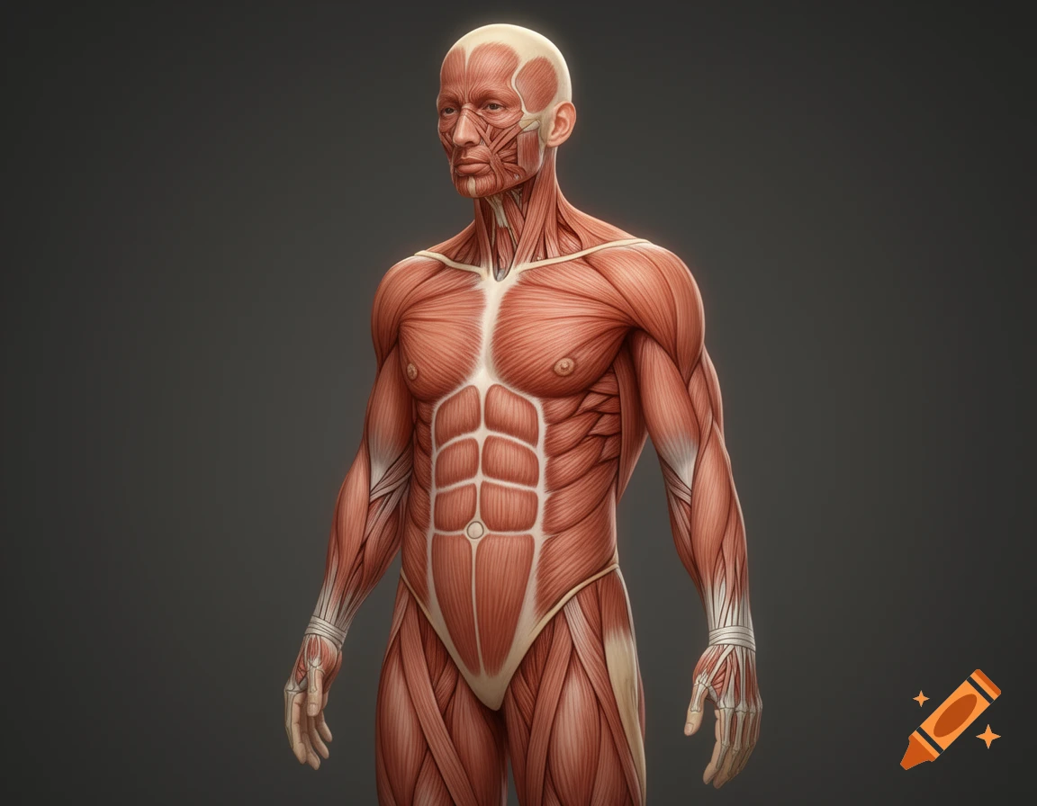 Detailed 3D rendering of a human male body showing the muscular system against a dark grey background.