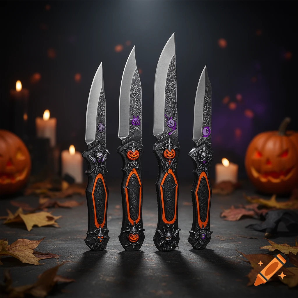 Four ornate Halloween-themed knives with carved jack-o'-lantern handles standing upright on a dark surface with glowing pumpkins and candles.