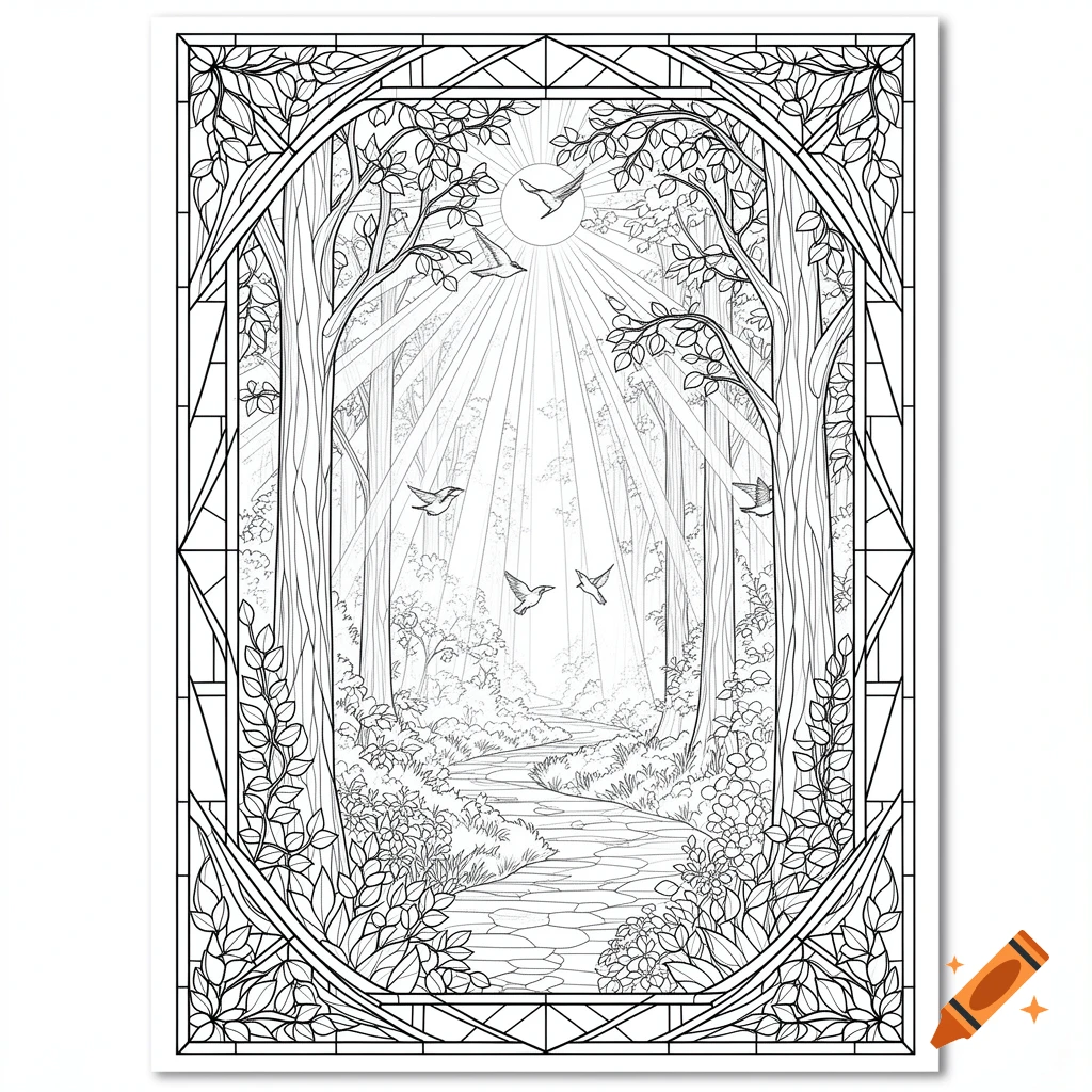 Black and white coloring book page featuring a forest path framed by stained glass style trees and birds.