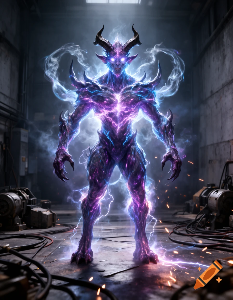 A glowing purple plasma demon with horns and electrical effects standing in an industrial warehouse, photorealistic.