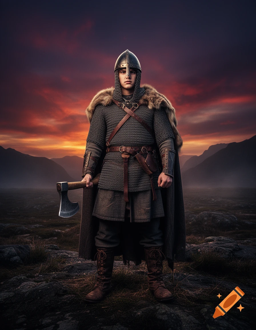 Photorealistic portrait of a young Viking warrior in chainmail and a helmet, holding an axe against a sunset mountain landscape.