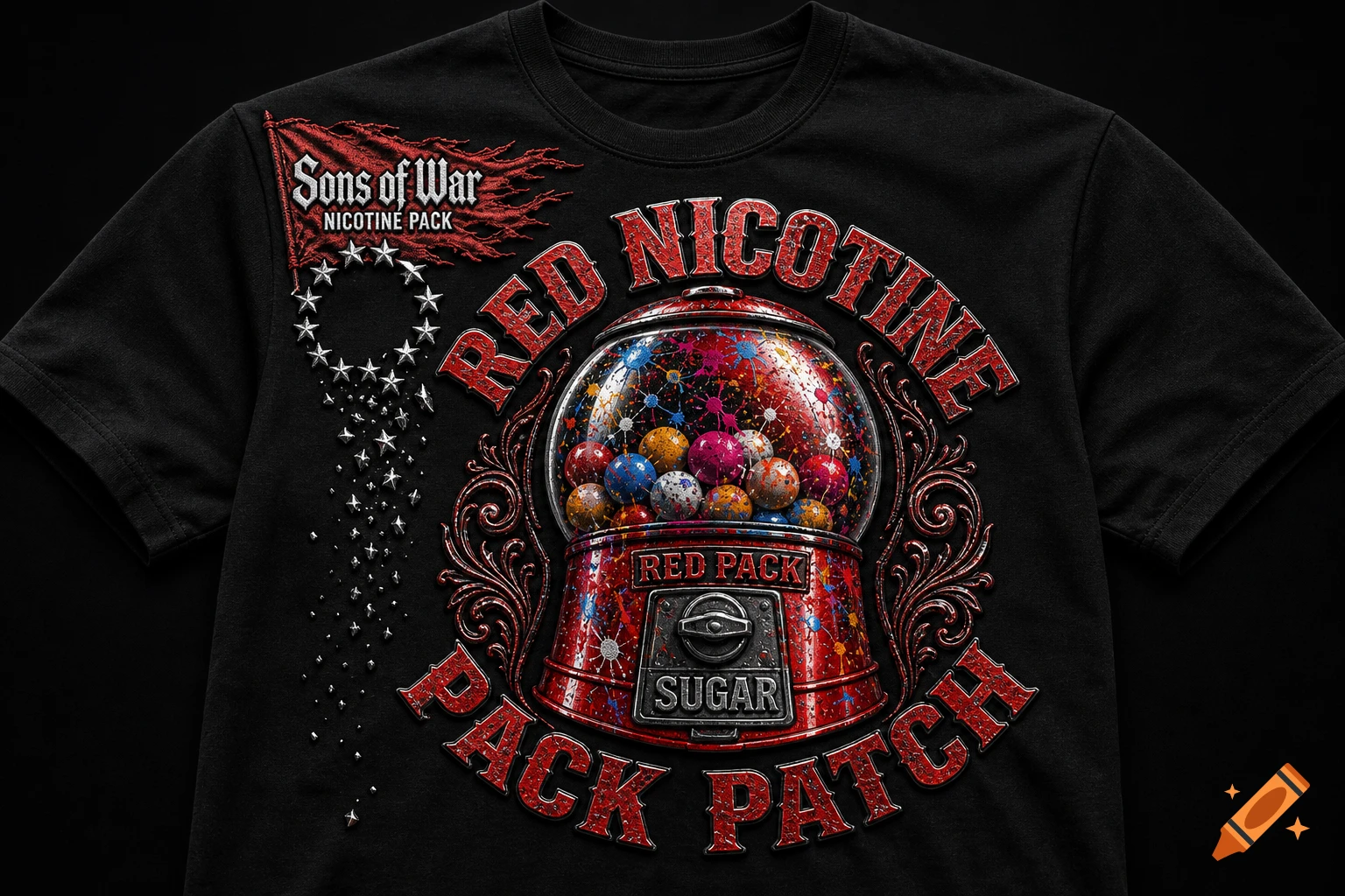 Black t-shirt featuring a metallic red gumball machine graphic with colorful paint splatters and bold typography reading red nicotine pack.
