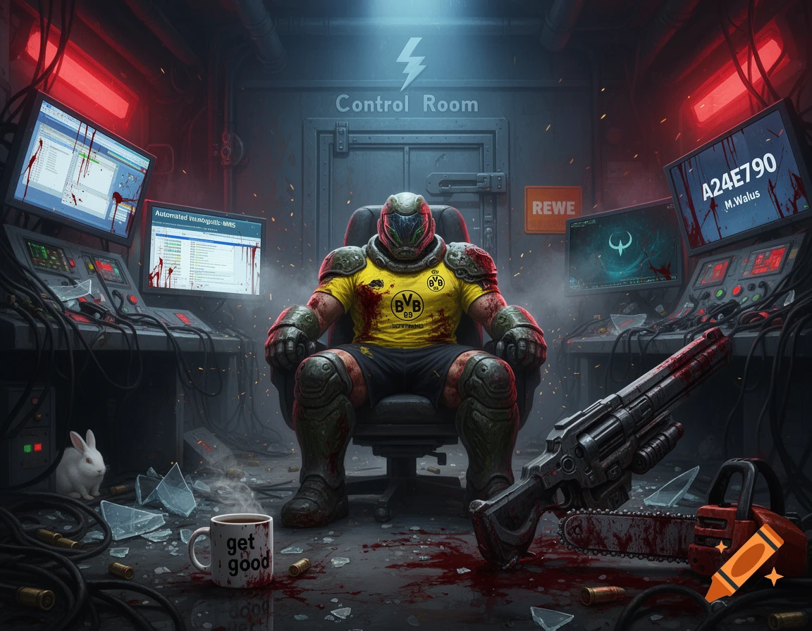 Digital illustration of the Doom Slayer wearing a football jersey, sitting in a bloody control room with monitors and weapons.
