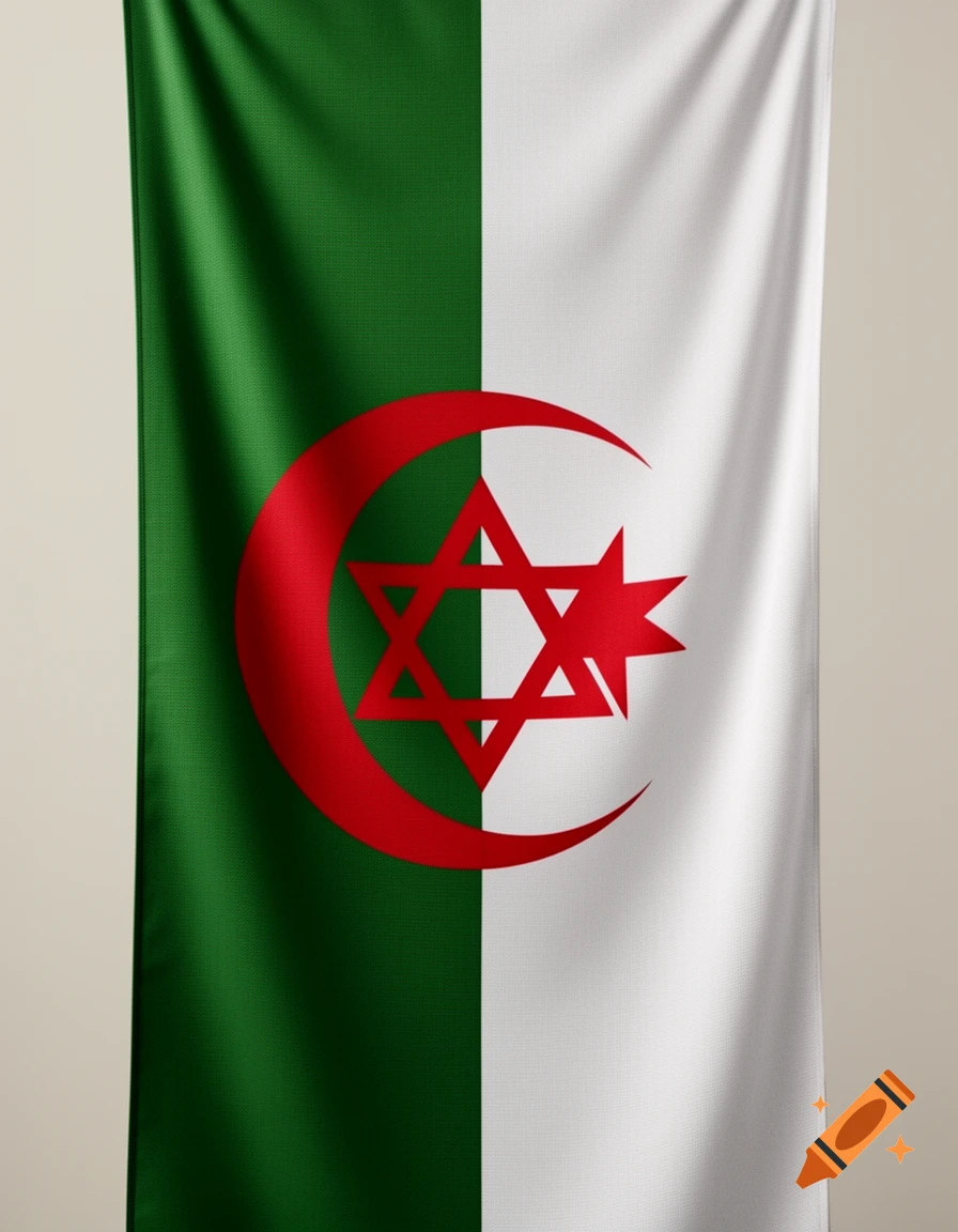 A vertical Algerian flag hanging against a neutral background, featuring a red Star of David instead of the traditional crescent and star.