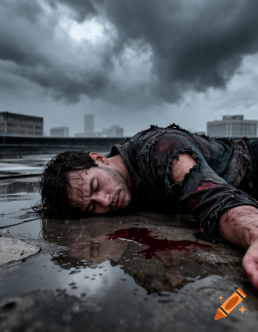 Photorealistic image of a man lying face down in a puddle of water with blood under a stormy sky.