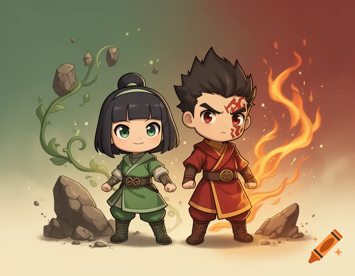 Chibi-style illustration of Toph with earth elements and Zuko with fire elements standing side-by-side.