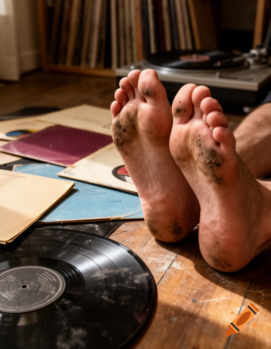 Close-up photorealistic shot of dirty feet with smudged dirt on the soles, resting on a wooden floor amidst scattered vintage vinyl records.