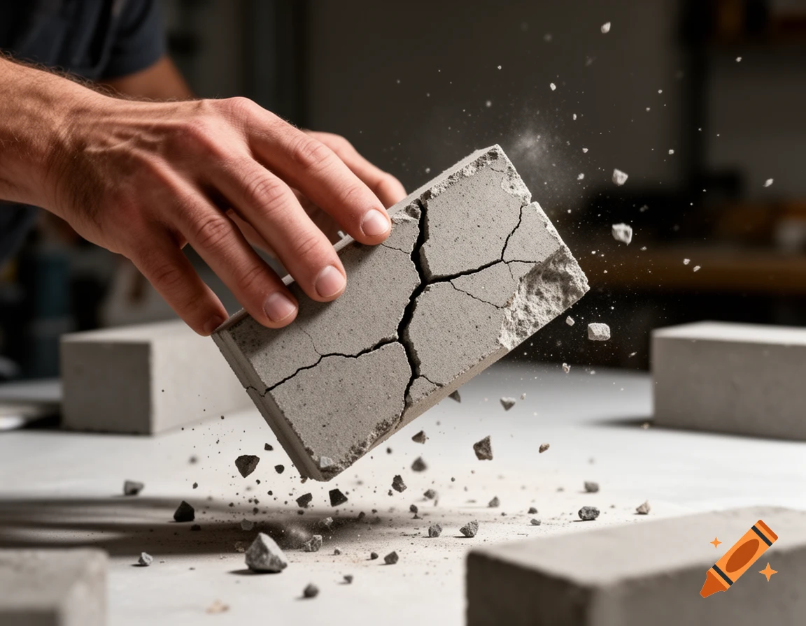 Photorealistic image of a hand breaking a concrete block, sending debris and dust flying in the air.