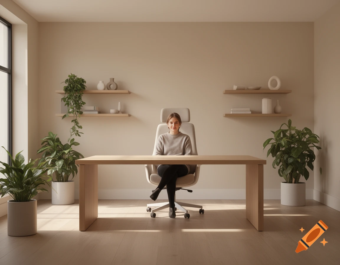 Photorealistic image of a woman sitting at a modern wooden desk in a minimalist beige office with plants.