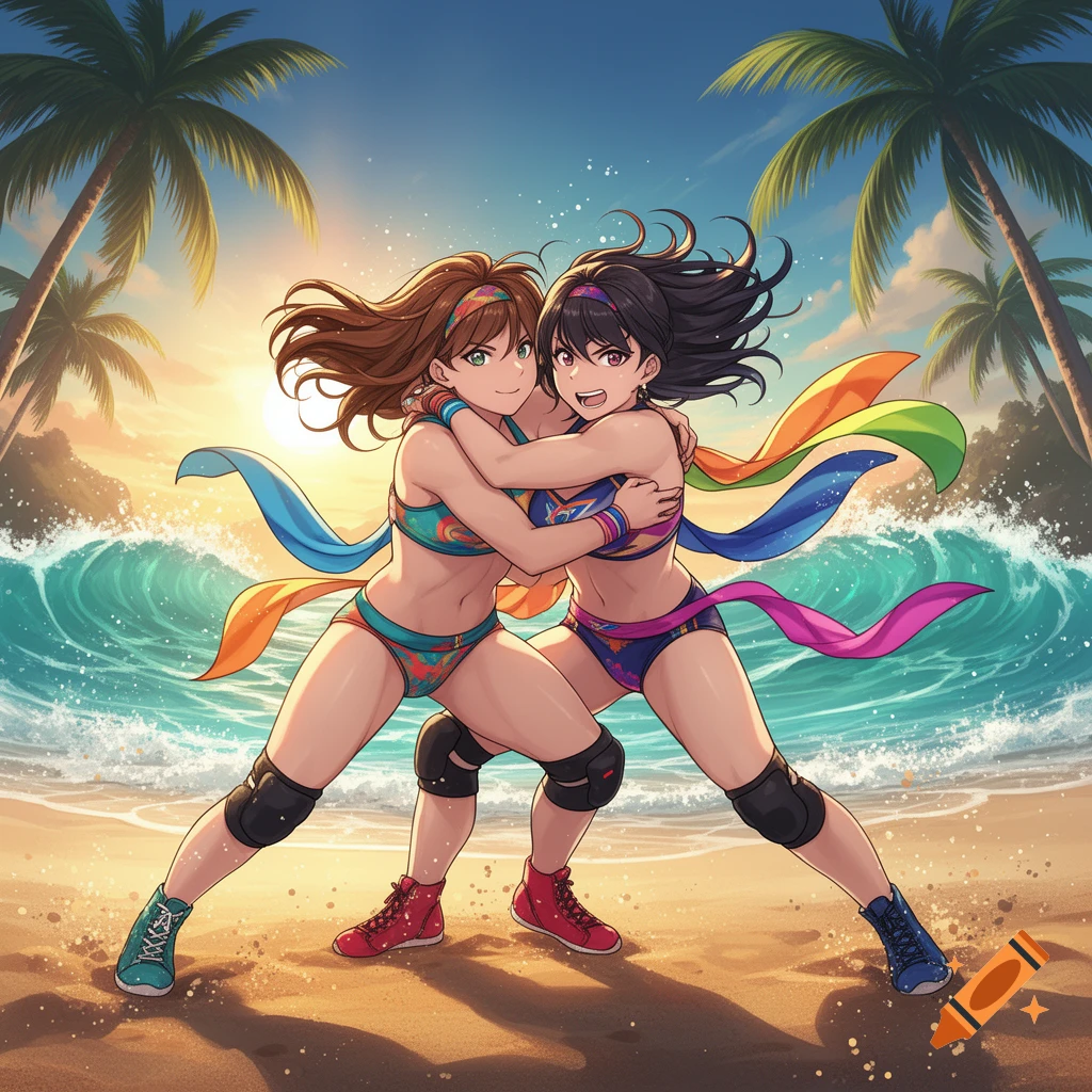Two anime girls wrestling on a sunny tropical beach with palm trees and ocean waves in the background.