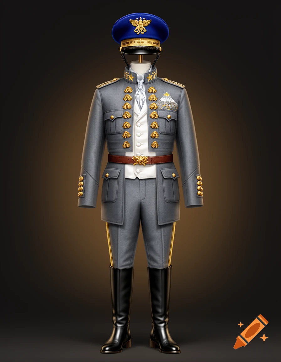A complete formal military uniform with a blue peaked cap, grey double-breasted jacket, white vest, grey trousers, and black boots on a mannequin.