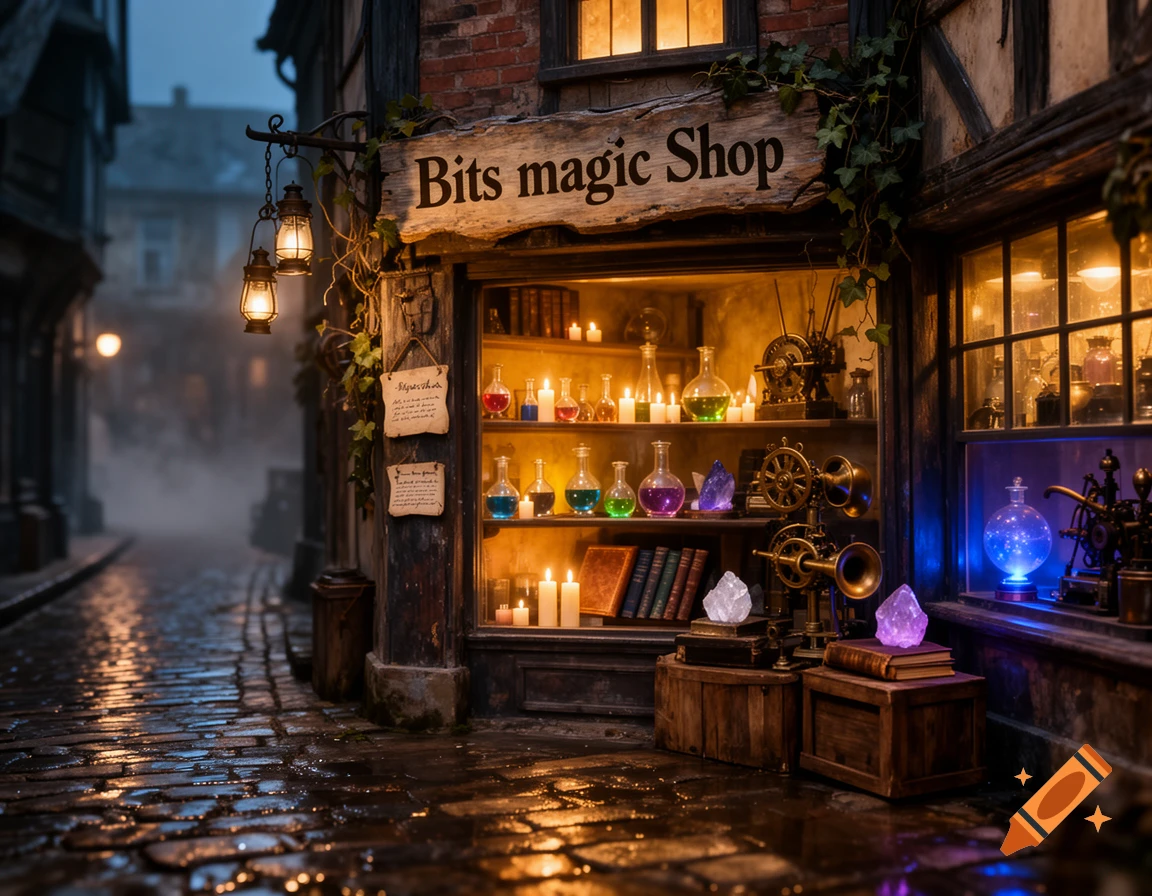 Photorealistic evening street scene showing a magical potion shop with glowing bottles and wooden signs.