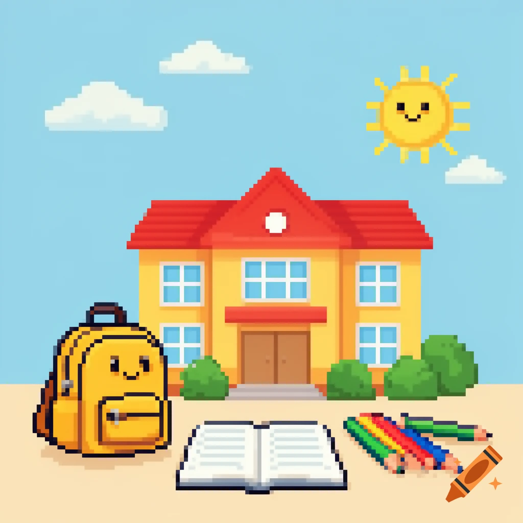 Pixel art illustration of a school building with a yellow backpack, an open book, and colored pencils in the foreground.