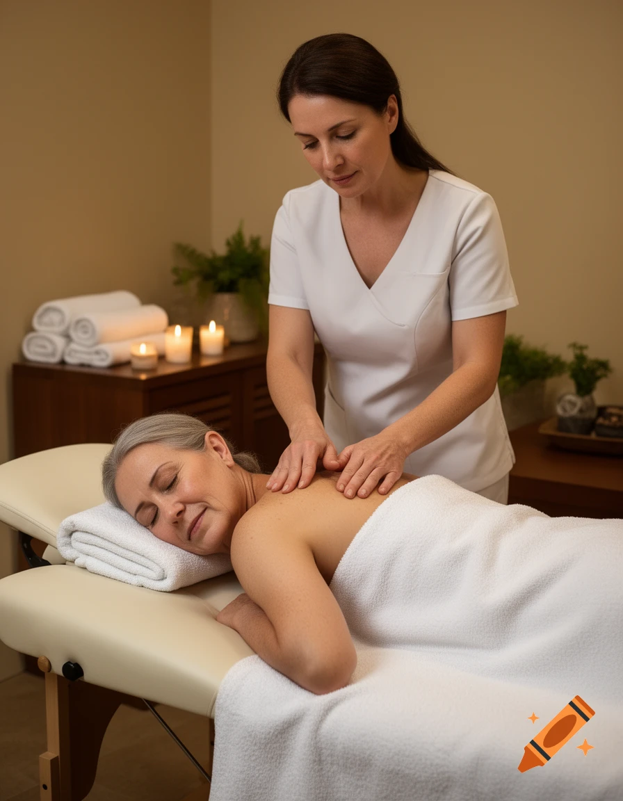 Photorealistic image of a woman receiving a back massage from a therapist in a spa room.