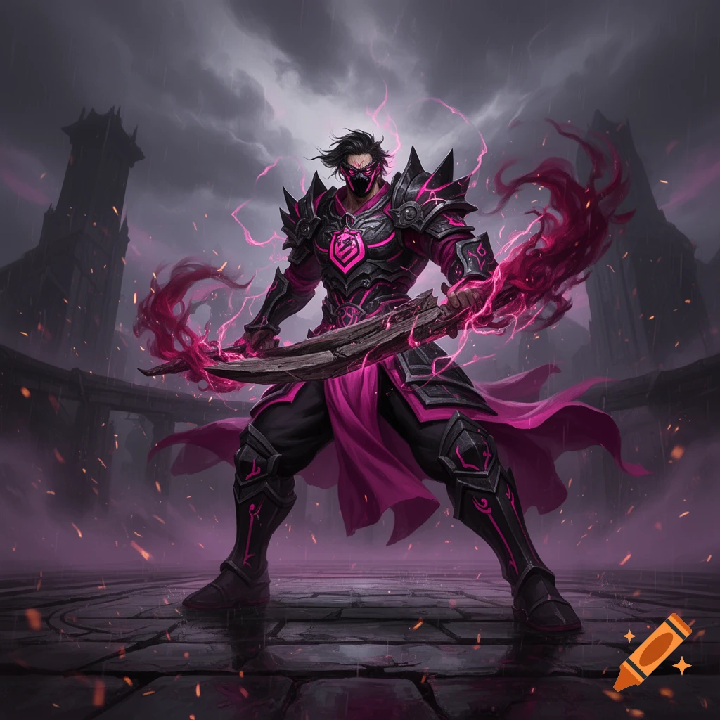 A warrior in dark and pink fantasy armor holding a curved blade with glowing pink energy, standing in a desolate courtyard.