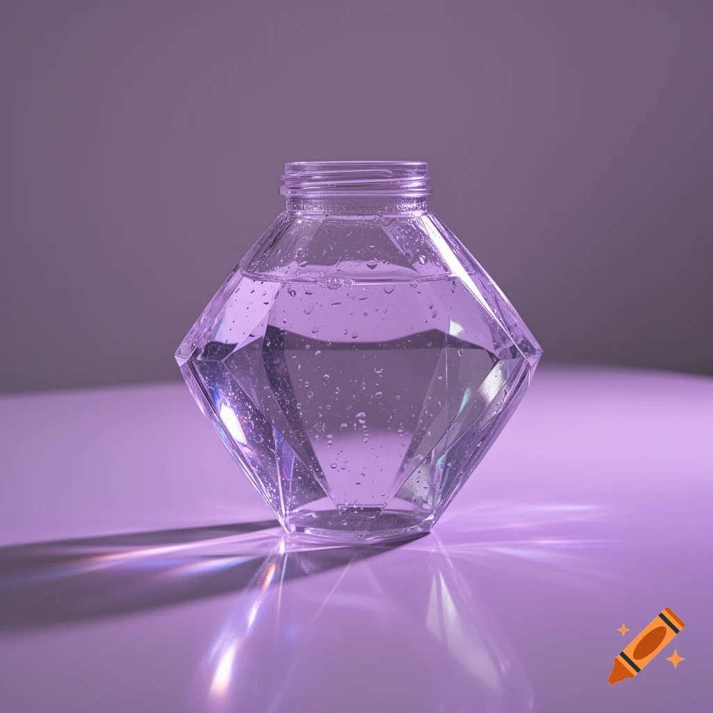A clear, diamond-shaped glass bottle filled with water, refracting bright lavender light against a purple background.
