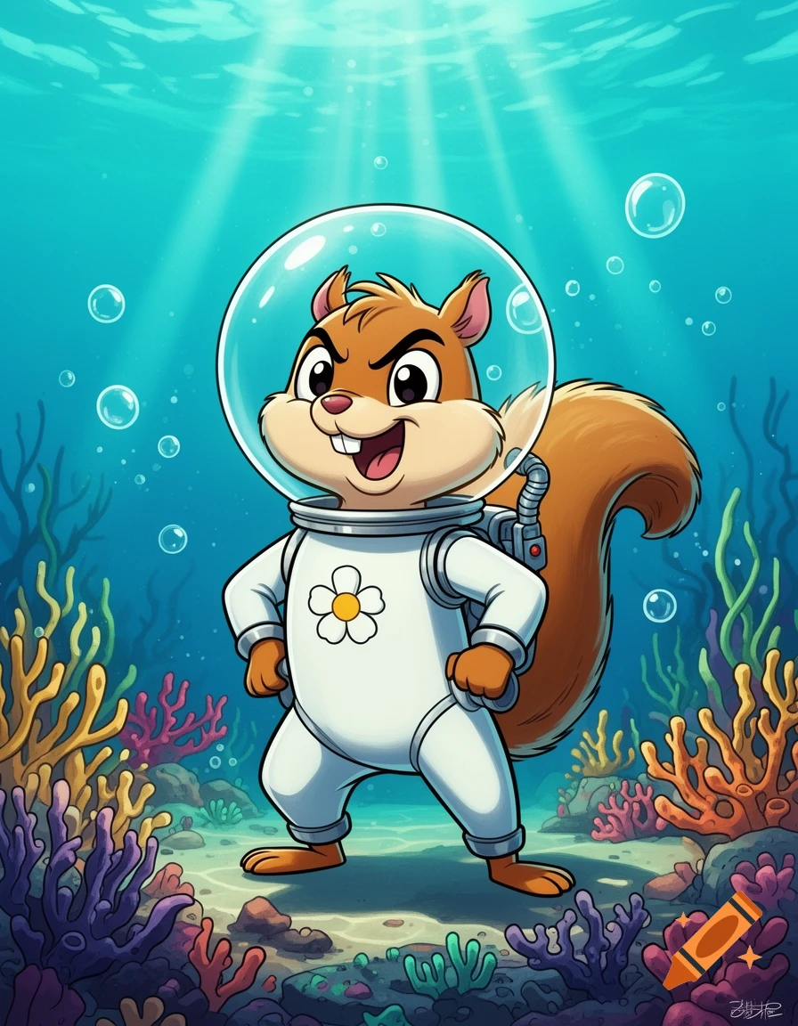 Digital illustration of Sandy Cheeks from SpongeBob SquarePants wearing an astronaut suit underwater surrounded by coral reefs and bubbles.