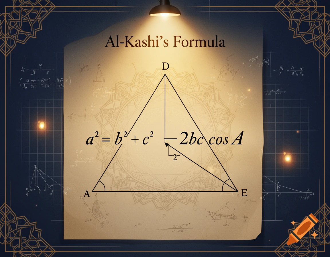 An educational diagram of Al-Kashi's formula on aged paper with a triangle and geometric patterns.