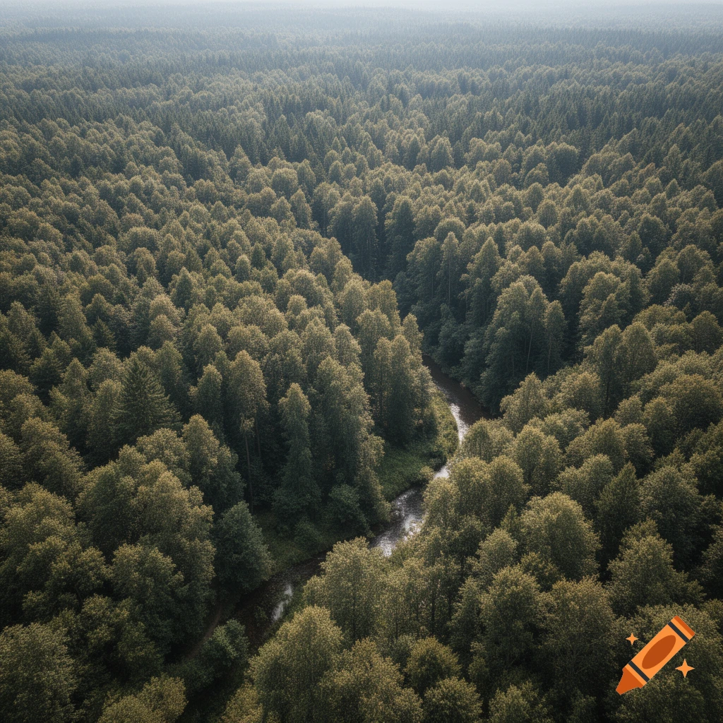 Aerial view of a dense forest with a winding river flowing through the trees, photorealistic.