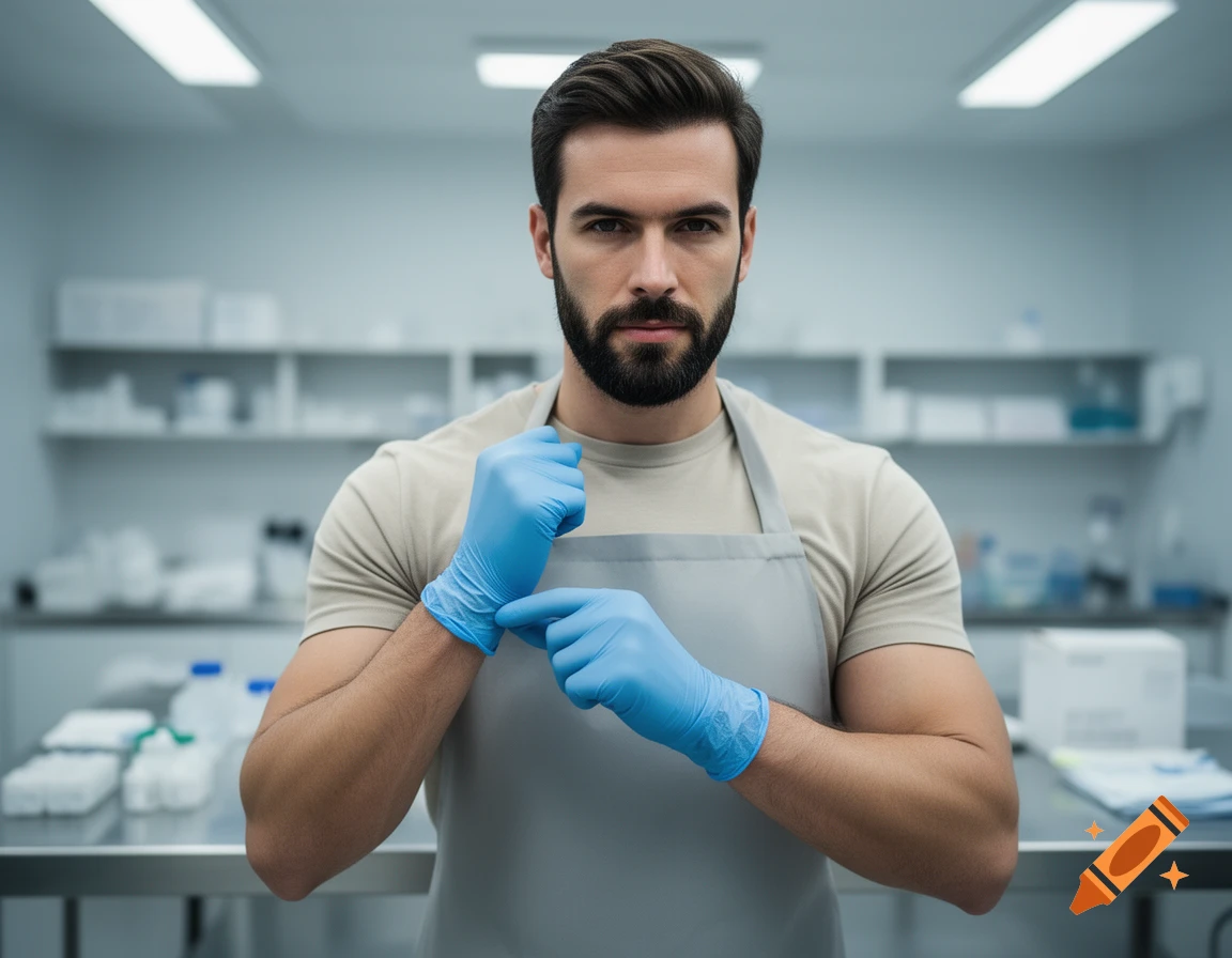Photorealistic medium shot of a handsome bearded man in a laboratory setting, putting on blue latex gloves.