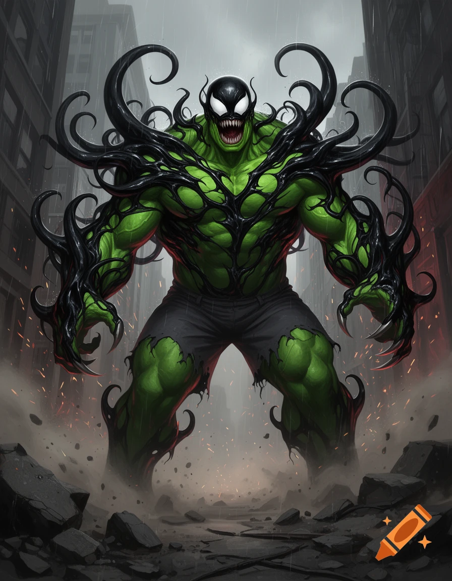 Digital illustration of a muscular green monster fused with a black symbiote creature, standing amid rubble in a rainy city street.
