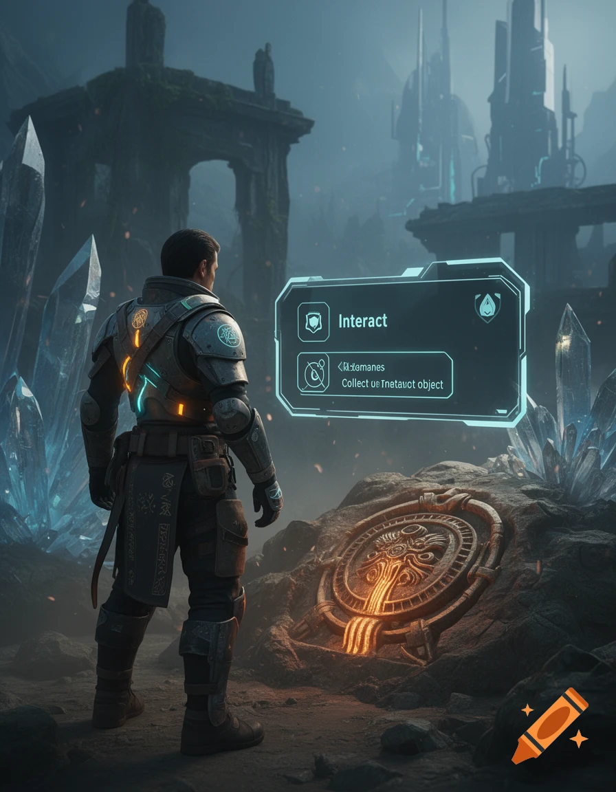 A futuristic sci-fi warrior in armor stands before a glowing stone tablet and a floating holographic UI menu in a crystal cavern.
