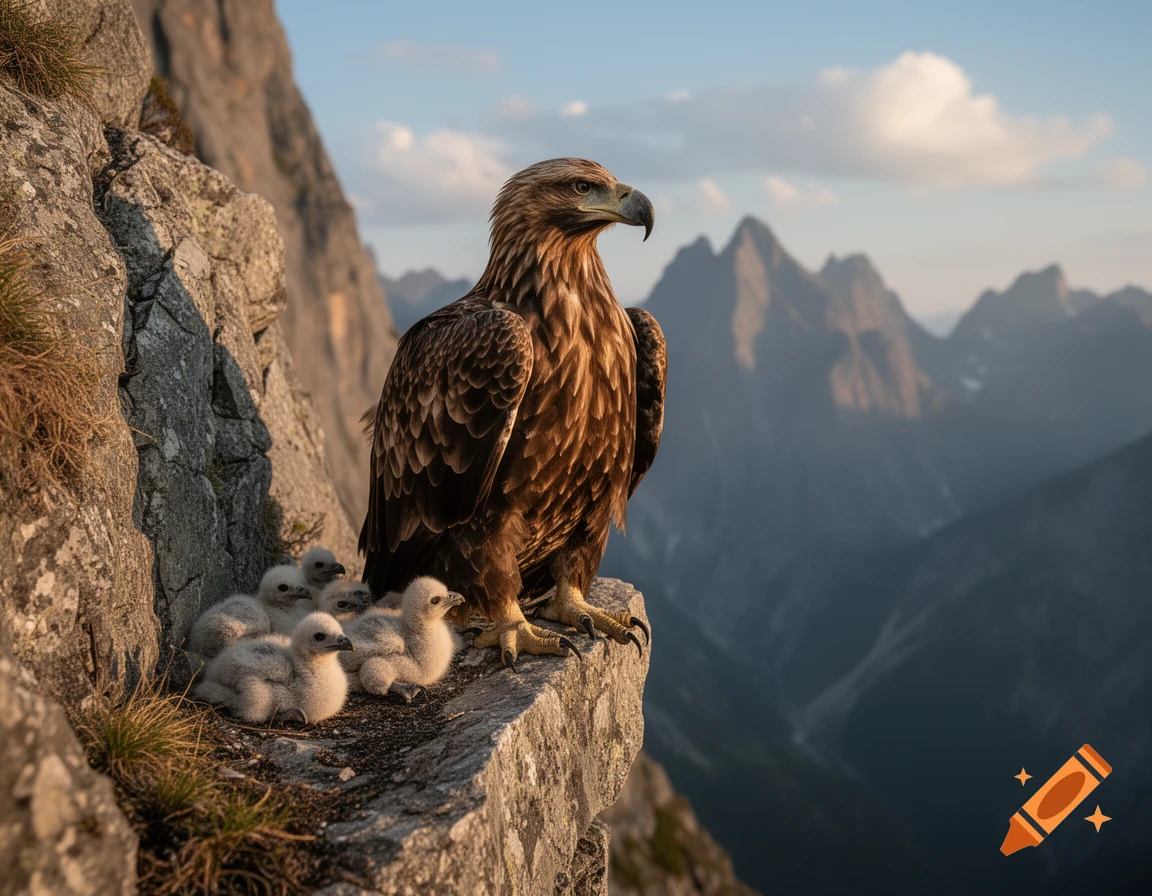 Photorealistic image of a golden eagle perched on a mountain ledge with its chicks in their nest against a scenic mountain backdrop.