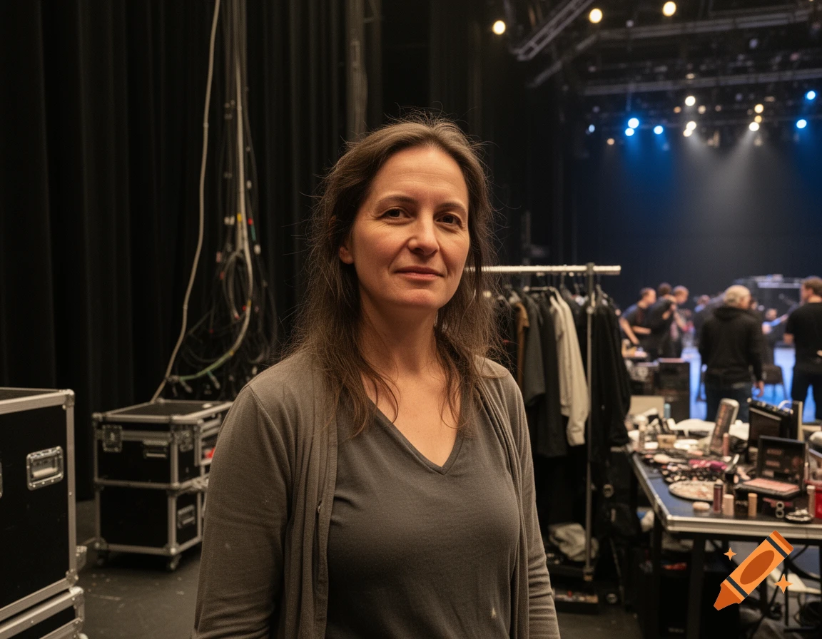 Candid photorealistic portrait of a woman standing backstage with equipment and crew in the background.