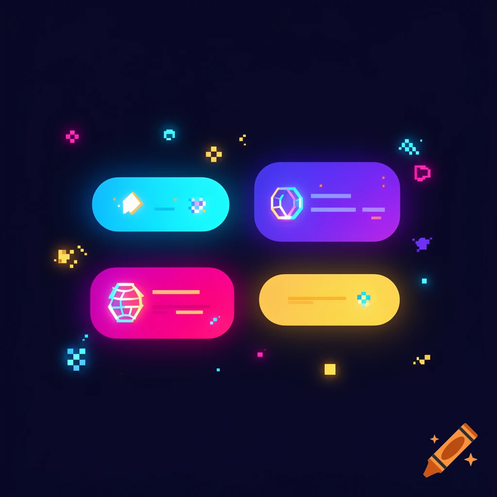 Neon vector interface elements with glowing buttons and pixelated digital icons on a dark background.