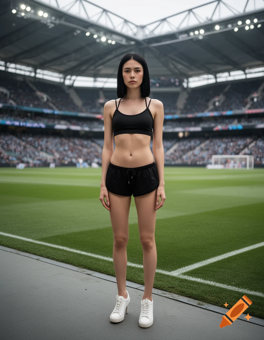 Photorealistic full-body shot of a slim woman with black hair standing on a stadium pitch, wearing a black sports top and shorts.