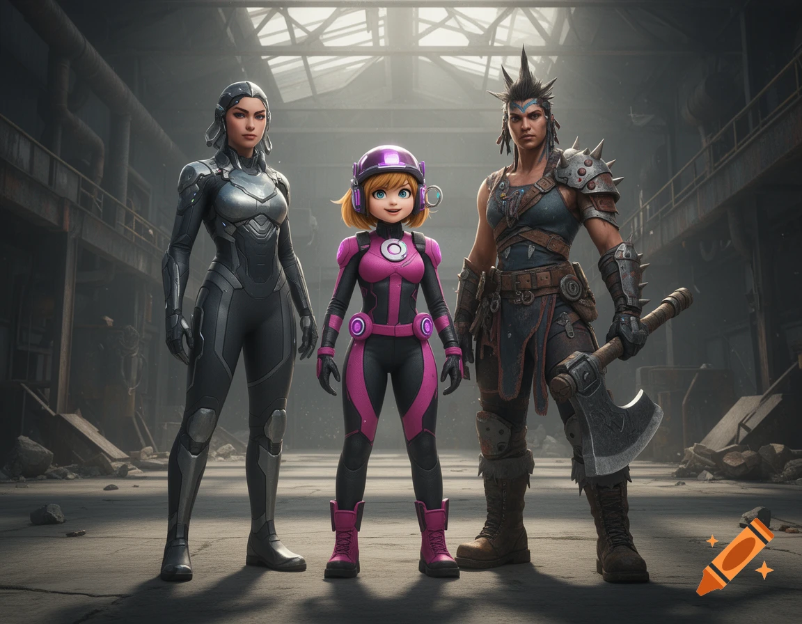 Digital illustration of three video game characters standing in a derelict industrial warehouse.