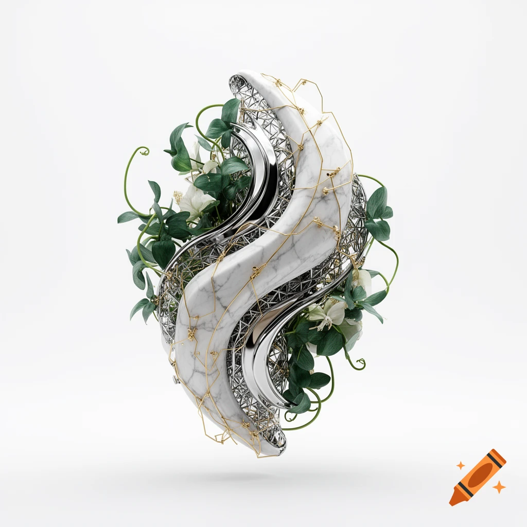 Complex 3D abstract sculpture made of white marble, silver chrome mesh, gold filament, and green flora on a white background.
