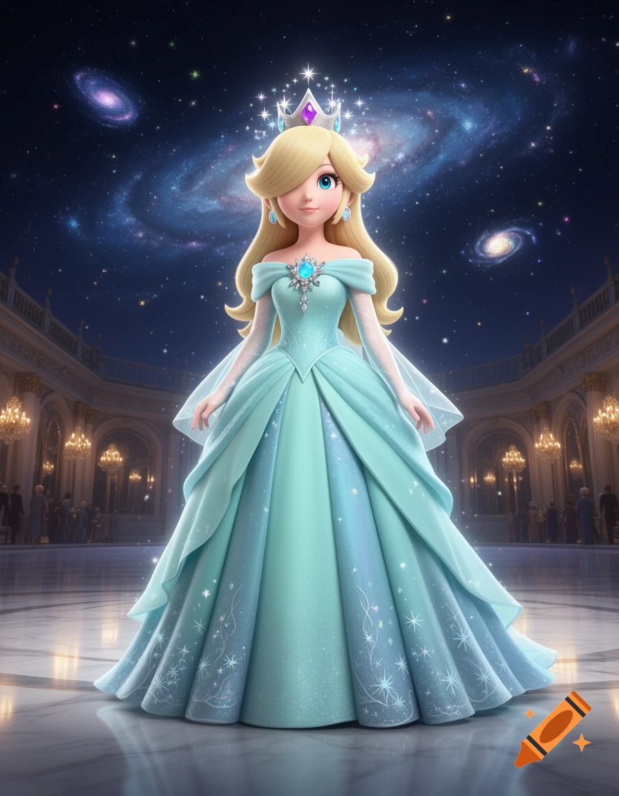 Princess Rosalina in a light blue evening ball gown inside a grand hall with a galaxy backdrop, 3D animated movie style.