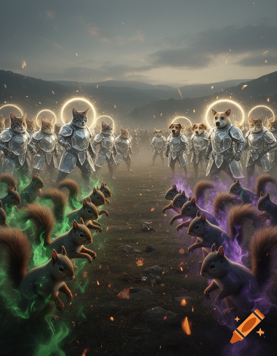 Fantasy battle scene between an army of cats and dogs in glass armor with holy halos and an army of glowing green and purple squirrels.
