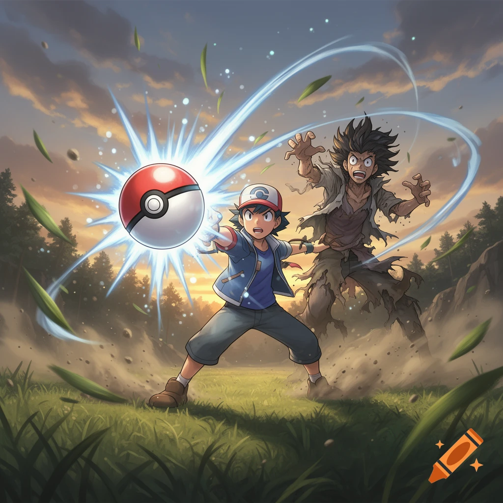 Anime style illustration of a trainer throwing a Poké Ball in a forest with a ragged character emerging from a burst of light.