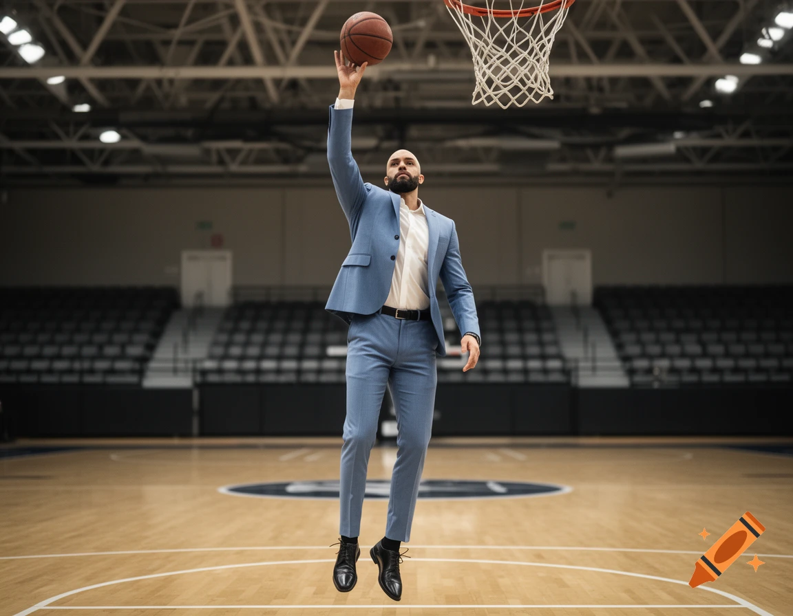 Photorealistic image of a bald man with a beard wearing a light blue suit, jumping to dunk a basketball in a gymnasium.