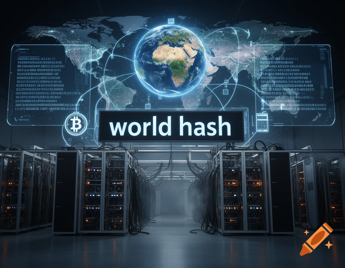 Photorealistic datacenter with server racks, a glowing world map, and a sign reading world hash.