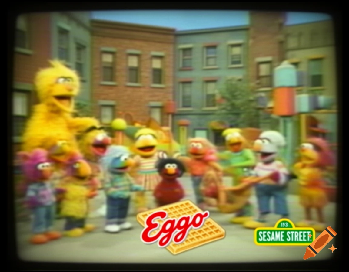 Vintage 1993 Sesame Street television broadcast featuring Muppet characters on a retro street set with an Eggo waffles logo.