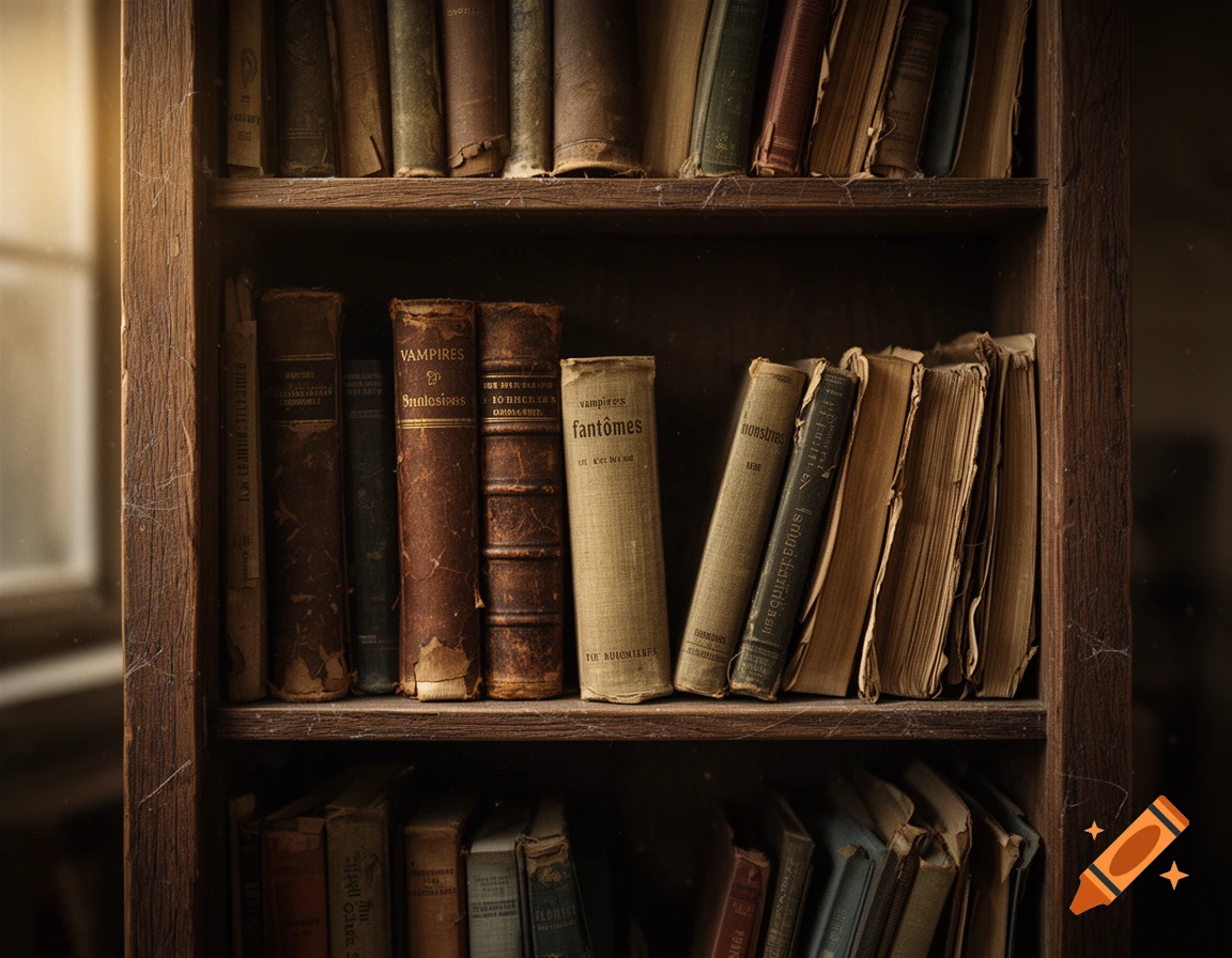 Photorealistic close-up of a wooden bookshelf filled with old vintage books about vampires, ghosts, and monsters.
