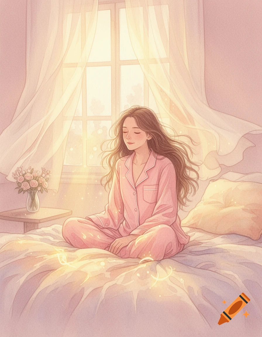 Soft pastel watercolor illustration of a young woman waking up in bed with pink pajamas, with sunlight streaming through the window.