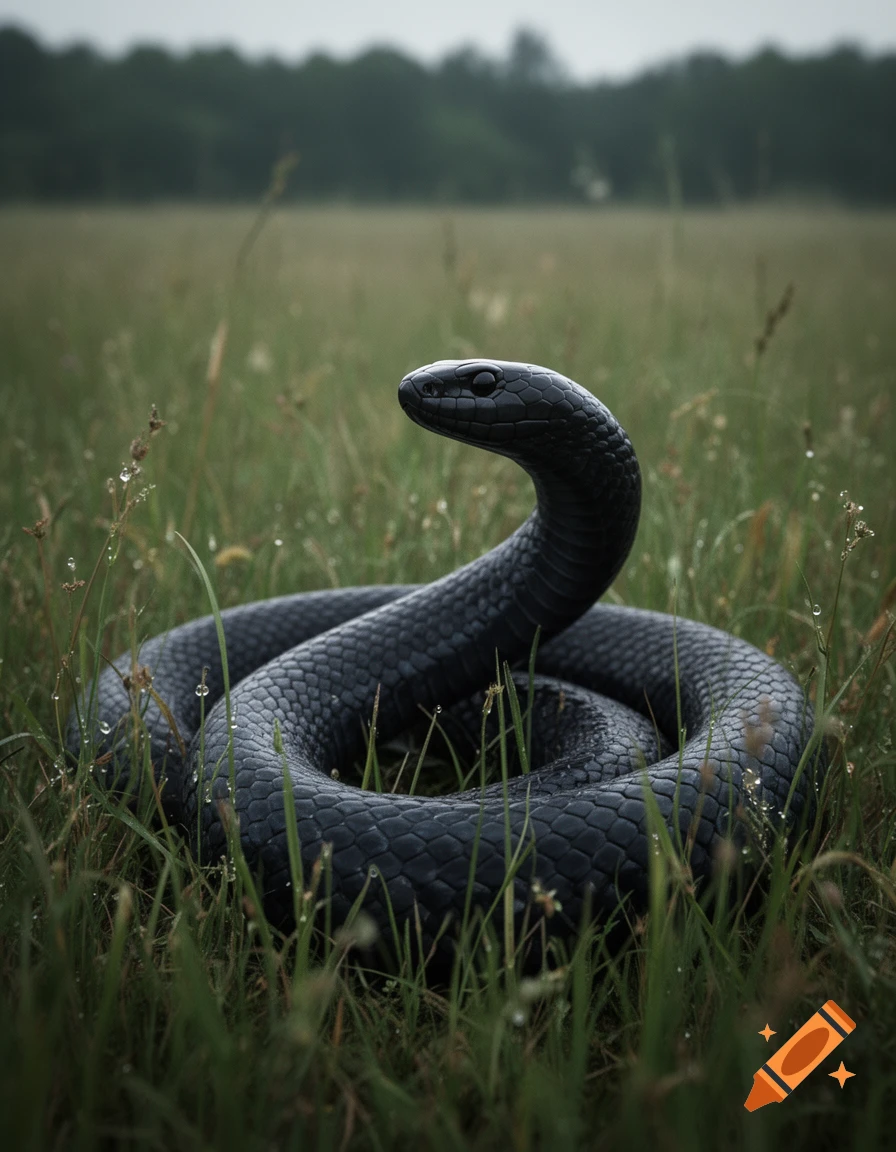 Photorealistic image of a large black snake coiled in a grassy field with dew drops.