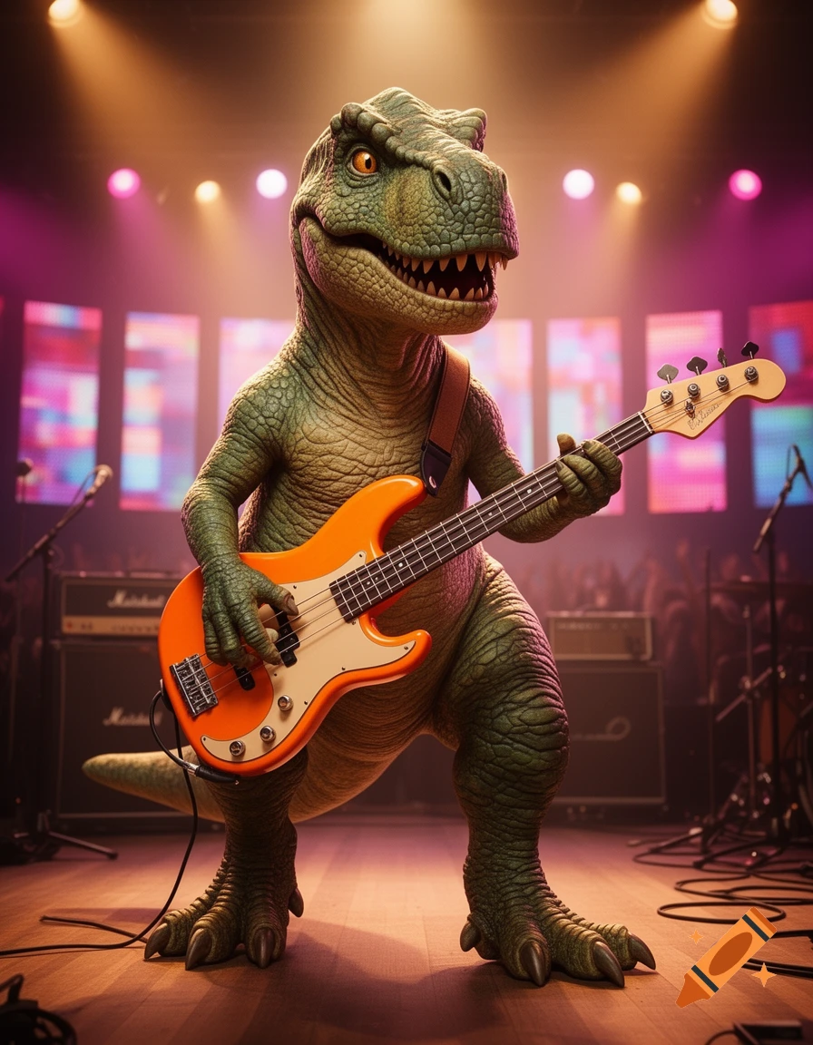 A photorealistic-style happy green dinosaur standing on a stage playing an orange bass guitar.