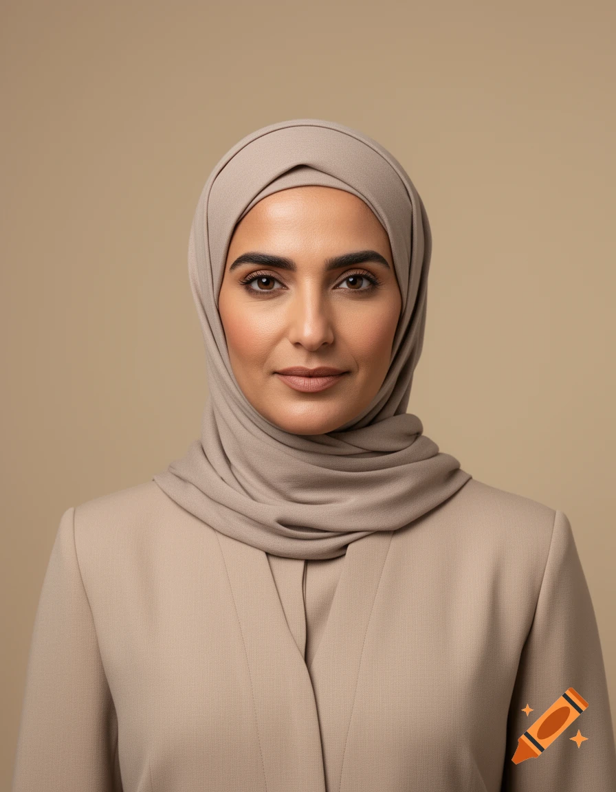 Photorealistic studio portrait of an Arab woman wearing a beige hijab and matching blazer against a neutral background.